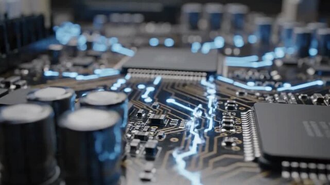 Close up view of glowing blue electrical circuits and components on a complex computer motherboard