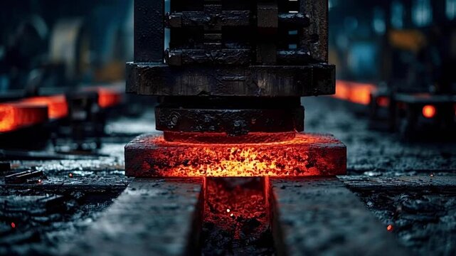 Massive industrial hydraulic press forging a glowing hot steel billet, shaping the molten metal with immense pressure and creating sparks in a heavy manufacturing plant's production line