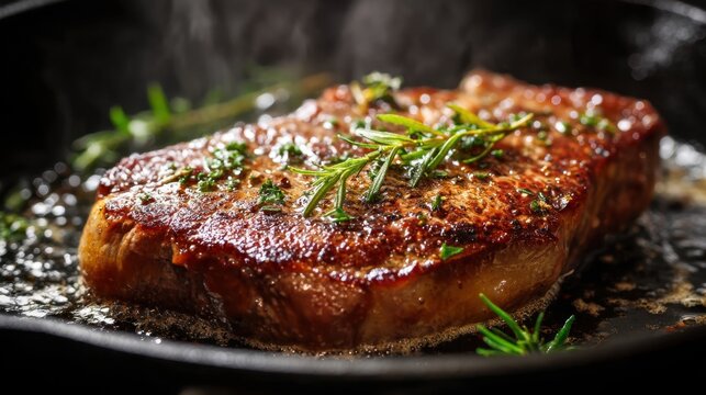 A thick piece of steak is cooking in a hot cast iron skillet. It is surrounded by oil and fresh herbs while it sizzles and releases steam. This scene takes place in a kitchen.