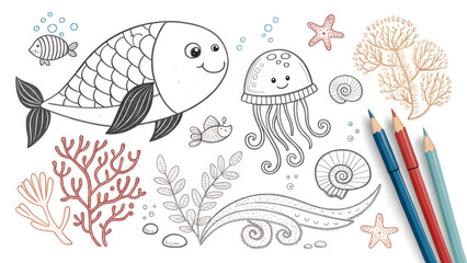 coloring book with fish, Underwater Friends Sketch