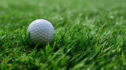 Fototapeta premium A golf ball sits on fresh green grass early in the morning on a golf course. Dew drops glisten on the blades of grass indicating a recent rainfall.