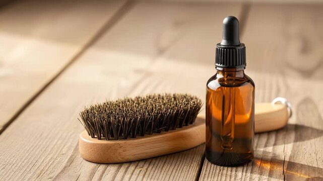 Natural beard care: wooden brush and oil bottle on rustic wooden surface