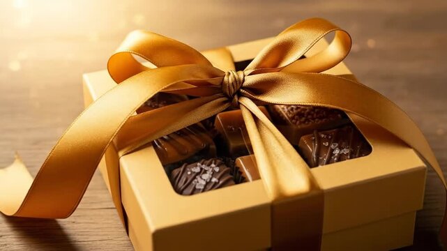 Golden gift box with elegant ribbon unveiling assorted chocolates on wooden table