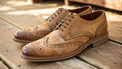 pair of brown leather shoes, Stylish Brown Wingtip Shoes