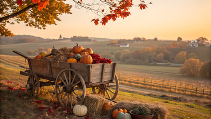 autumn landscape with pumpkins and wagon, Autumn Harvest Landscape