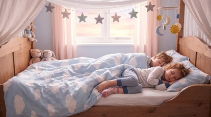 Two Cute Children Sleeping Peacefully in Cozy Bed, Childhood Dreams, Peaceful Night, brother and sister sleeping