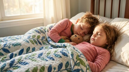 Two Young Children Sleeping Peacefully in Bed Together, Brother and Sister, brother and sister sleeping