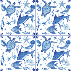 Seamless delft tiles pattern with hand drawn watercolor deep sea coral and animal motifs