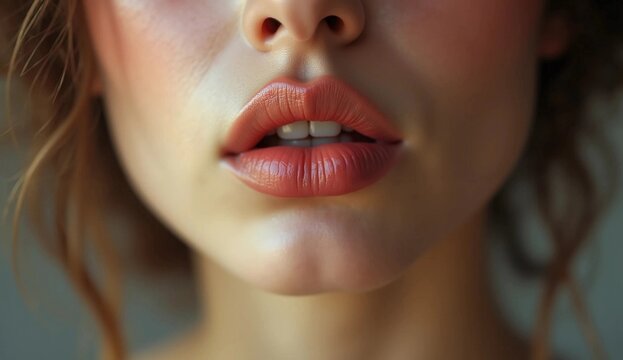 Close-up of Woman's Full Lips with Natural Makeup