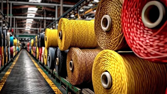 Industrial warehouse storing large, colorful spools of thread and yarn on extensive shelving, highlighting the scale of textile manufacturing and the vibrant diversity of dyed raw materials