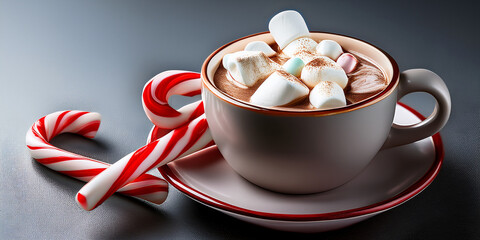 Cozy Hot Chocolate With Marshmallows And Candy Canes In A White Cup On A Red Saucer