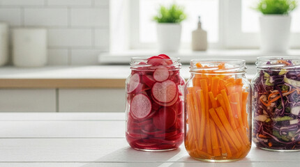 明るいキッチンで準備された自家製ピクルスの瓶詰