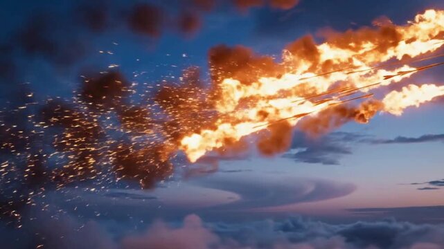 Fiery arrows streak across a dramatic twilight sky leaving trails of intense orange flame and sparks