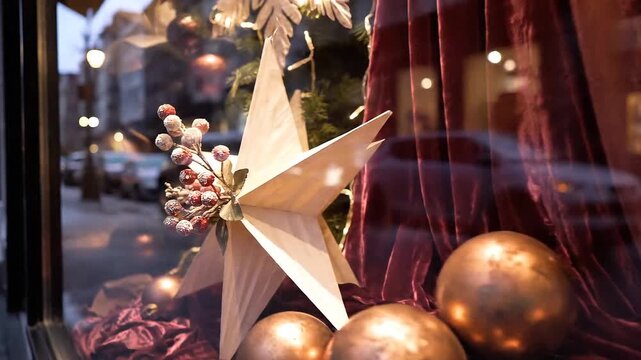 Christmas Store Window Display with Decorations.