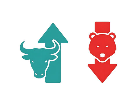 Bull and bear market icon set. Financial trading symbols with growth and loss arrows, stock exchange flat vector