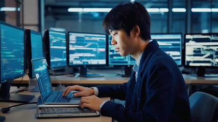 Focused male software developer coding on laptop, working remotely, digital technology, coding, programming, software engineering, IT professional, freelance, home office. - Powered by Adobe