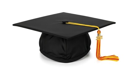 Graduation Cap with Yellow Tassel on White Background
