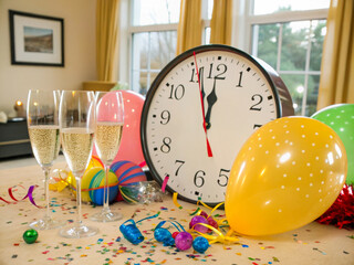 a table with a clock and balloons and confe