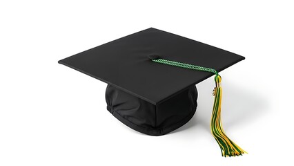 Black graduation cap with green and yellow tassel on white background
