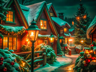 a christmas village with lights and decorations