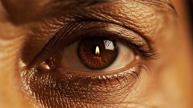 Macro close-up of senior human eye blinking with burning candle flame reflection in pupil showing detailed skin texture and wrinkles