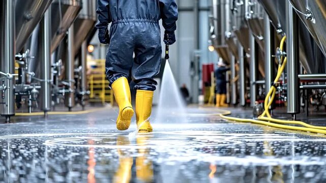 Unrecognizable brewery worker in protective suit and yellow boots cleaning a wet floor with a high pressure water jet, meticulously sanitizing the industrial area between large steel tanks