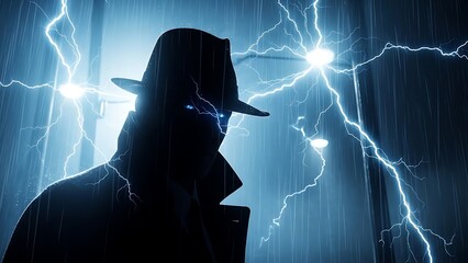 Enigmatic Silhouette with Electric Blue Eyes Stands Amidst a Fierce Lightning Storm