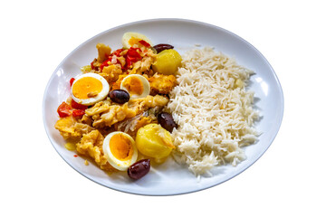 Traditional Portuguese Codfish Dish with Rice, Eggs, and Olives
