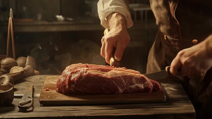 Artisanal meat preparation in a traditional butcher setting, showcasing skilled hands slicing meat, camera follows action with a smooth dolly movement