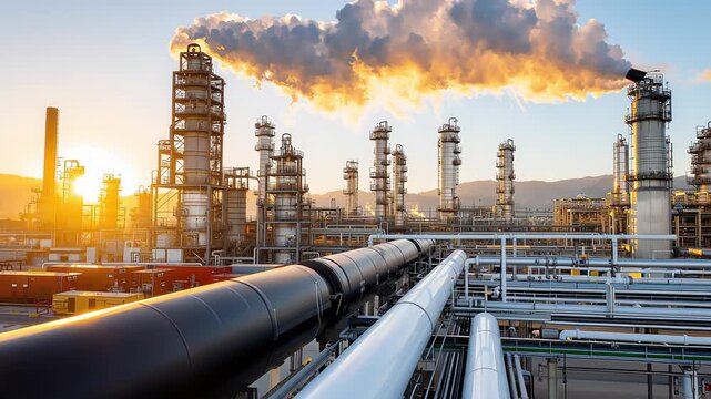 Industrial landscape showcasing large-scale oil refinery with smoke billowing from stacks, camera pans to reveal intricate pipeline network. mining industry concept