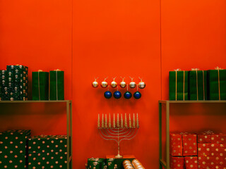 a room with a menoral and a lot of presents