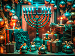 a menoral with candles and presents