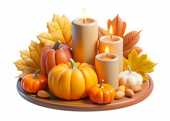 a plate with candles pumpkins and leaves
