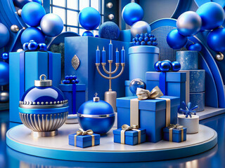 a bunch of blue and silver christmas decorations