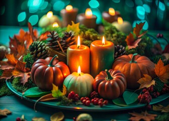 a plate with candles and pumpkins on it
