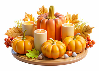a plate with candles and pumpkins on it