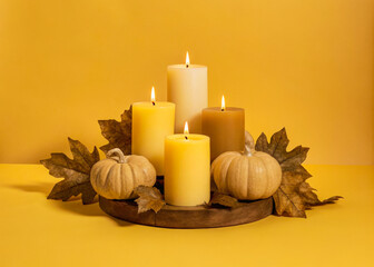 a candle and some pumpkins on a table