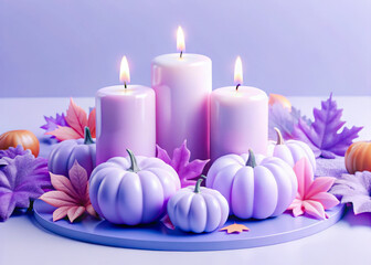 a plate with candles and pumpkins on it