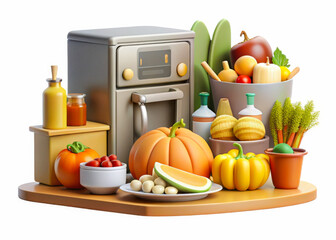 a kitchen with a stove bowl of fruit and vegetables