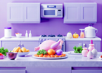 a table with a plate of food and a turkey on it