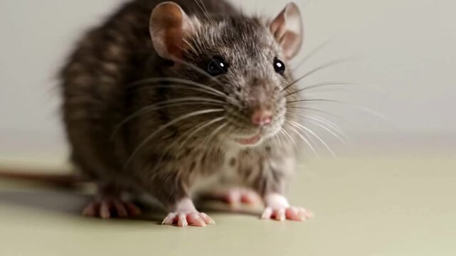 Close up portrait of a small brown rodent with large ears and whiskers sitting on a light surface