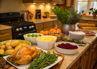 a kitchen counter with a variety of food on it