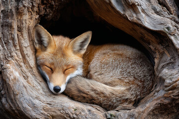 Obraz premium Fox resting peacefully in a hollow tree trunk during the daytime in a forest habitat