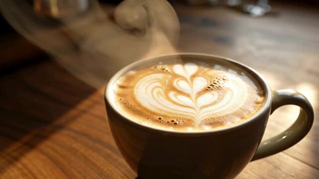 Steaming hot cup of expertly crafted latte coffee with beautiful heart shaped milk foam art rests on wood