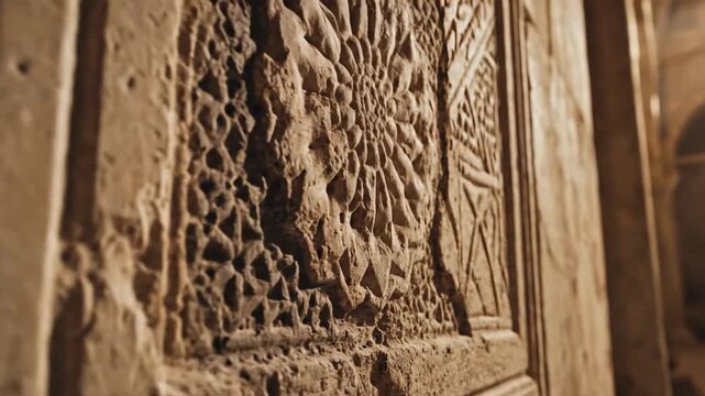 Macro detail of ancient stone relief carving with geometric patterns on historic architecture wall