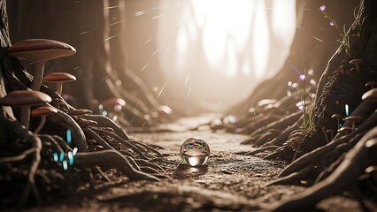 Enchanted forest path with glowing orbs and magical mushrooms at dawn