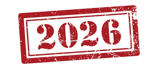 Red Grunge 2026 Rubber Stamp Illustration with Distressed Texture and Vintage Style Frame Isolated on transparent Background for New Year Design, Calendar Covers, Posters, Marketing Banners