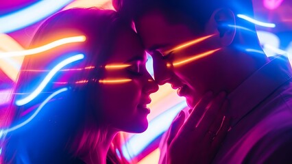 Vibrant neon light streaks illuminate a loving couple in a futuristic romantic embrace