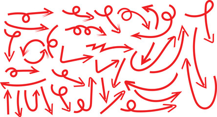 Collection of hand drawn red doodle arrows pointing in many different directions for design elements.
