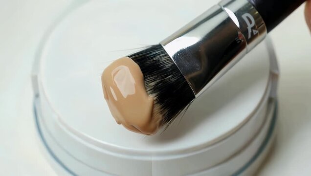 Cosmetic 4K close up showcasing the texture of foundation beige paint as a cosmetic brush is smoothly sliding across the surface perfect for advertising decorative cosmetics